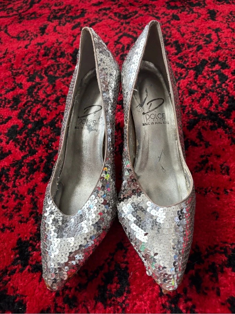 Silver Sequin Pointed-Toe Heels